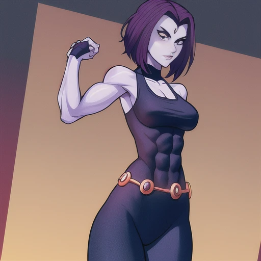 raven (dc), cowboy shot, gym, masterpiece, best quality, toned, grey skin, purple hair, abs, leggings, tank top,