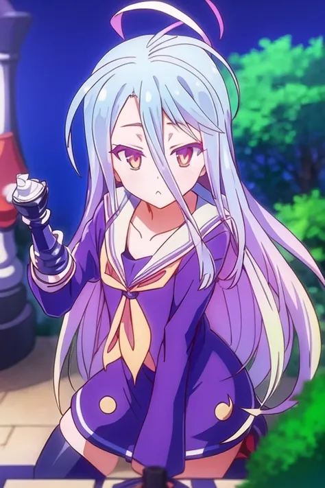 ((masterpiece, best quality:1.2)), (ultra-detailed:1.2), <lora:ShiroNGNL2_Lora:0.9>, Shiro, shiro_(no_game_no_life), No Game No Life, long hair, light blue hair, purple clothes, outdoors, (ngnl style), (ngnl background), castle, disboard, (holding chess fi...