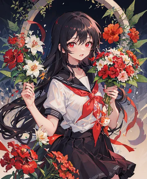 flower, red_flower, spider_lily, camellia, 1girl, hibiscus, red_rose, solo, long_hair, red_eyes, bouquet, lily_(flower), black_hair, looking_at_viewer, red_ribbon, serafuku, orange_flower, tulip, black_sailor_collar, bangs, school_uniform