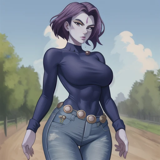 raven (dc), cowboy shot, masterpiece, best quality, toned, grey skin, purple hair, tied shirt, farm,  jeans,