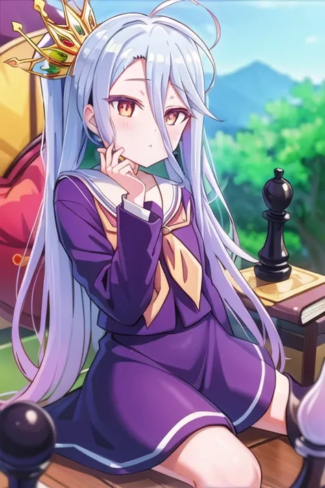 ((masterpiece, best quality:1.2)), (ultra-detailed:1.2), <lora:ShiroNGNL2_Lora:0.8>, no game no life, Shiro, shiro (no game no life), purple clothes, cards, sitting, hand up, next to pile of books, crown, outdoors, (glass chess piece)