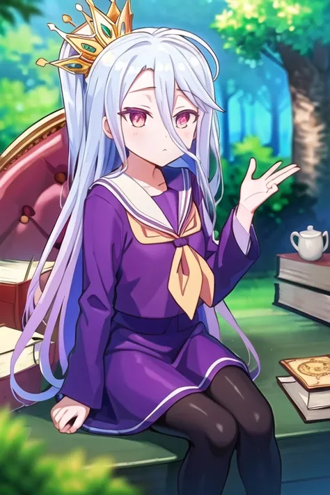 ((masterpiece, best quality:1.2)), (ultra-detailed:1.2), <lora:ShiroNGNL2_Lora:0.8>, no game no life, Shiro, shiro (no game no life), purple clothes, cards, sitting, hand up, next to pile of books, crown, outdoors,