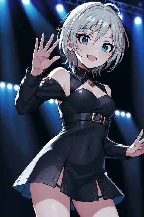 masterpiece, best quality, highres, 1girl, solo, anastasia (idolmaster), idolmaster cinderella girls, blue eyes, short hair, grey hair, black dress, (on the stage), waving, cowboy shot, , <lora:anastasia_(idolmaster)_v1-000005:0.7>, smile, upper_body,