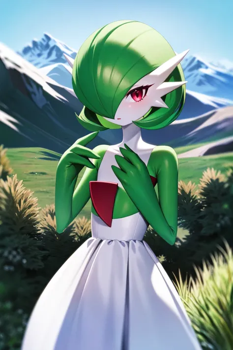 masterpiece, best_quality, 1girl, solo, gardevoir, white dress, creatures (company), game freak, nintendo, pokemon, pokemon (game), bangs, colored skin, female focus, flat chest, gen 3 pokemon, green hair, green skin, hair over one eye, multicolored skin, ...