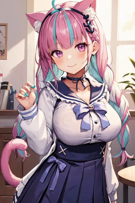 masterpiece, best quality, highres,  sidelighting, 1girl, minato aqua, virtual youtuber, tail, animal ears, cat ears, long hair, purple eyes, braid, ahoge, cat tail, skirt, multicolored hair, twin braids, blue hair,  two-tone hair, hairband, tail ornament,...