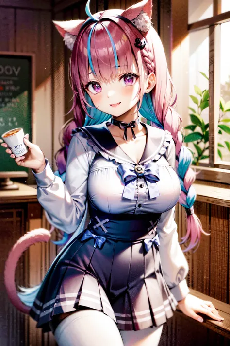 masterpiece, best quality, highres,  sidelighting, 1girl, minato aqua, virtual youtuber, tail, animal ears, cat ears, long hair, purple eyes, braid, ahoge, cat tail, skirt, multicolored hair, twin braids, blue hair,  two-tone hair, hairband, tail ornament,...