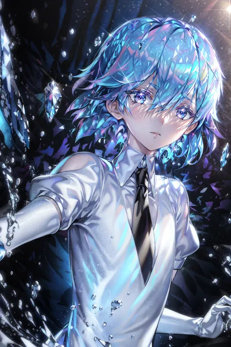 masterpiece, best quality, <lora:bao:0.8>,  1boy, androgynous, black_necktie, blue_eyes, blue_hair, broken, colored_eyelashes, c...