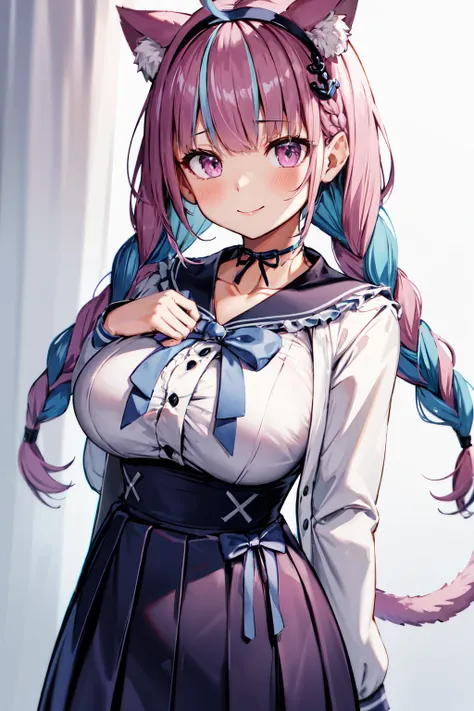 masterpiece, best quality, highres,  sidelighting, 1girl, minato aqua, virtual youtuber, tail, animal ears, cat ears, long hair, purple eyes, braid, ahoge, cat tail, skirt, multicolored hair, twin braids, blue hair,  two-tone hair, hairband, tail ornament,...