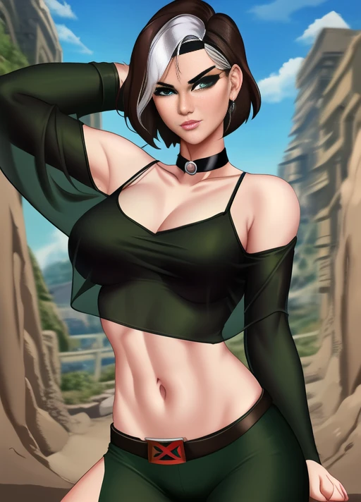 rogue (x-men), masterpiece, best quality, cowboy shot, 1girl, solo, short hair, sweater, choker, black pants, green sweater, bangs, see-through sweater, black tank top,