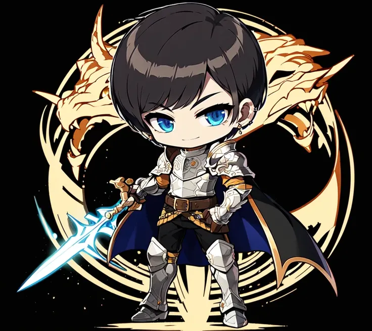 chibi,8k, 4k,chibi, 1boy, blue eyes, weapon, male focus, brown hair, sword, armor, fingerless gloves, gloves, solo, earrings, holding weapon, cape, full body, holding sword, holding, shoulder armor, jewelry, smile, looking at viewer, black gloves, pauldron...