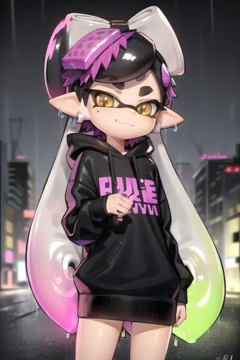 callie, inkling, splatoon, ((cyberpunk city background)), neon lights, (raining), wet, water, sad, holding an umbrella, sfw, ove...