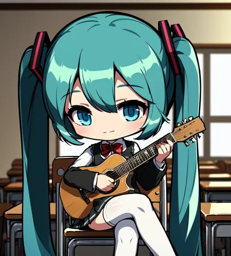 chibi,8k, 4k,1girl, solo, instrument, hatsune miku, skirt, thighhighs, twintails, long hair, sitting, guitar, shirt, classroom, (playing instrument:1.3), desk, indoors, white shirt, school uniform, bow, school desk, black thighhighs, crossed legs, collared...