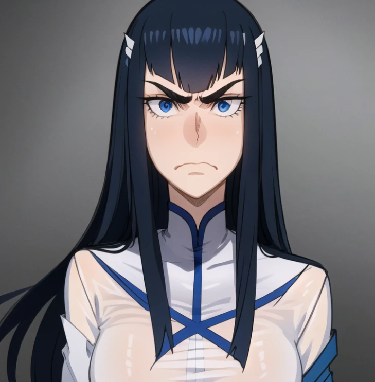 beautiful, masterpiece, best quality, extremely detailed face,  perfect lighting, 1girl, solo, <lora:KiryuinSatsuki:1>, kiryuin satsuki, blue eyes, shirt, large breasts, white shirt, bangs, see-through, angry, upper body, <lora:EkuneStyleLoRA:1>