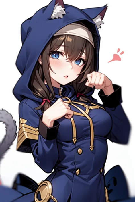 <lora:sagisawa fumika v2fix:1> sagisawa fumika, 1girl, tail, solo, hood, breasts, cat tail, animal ears, blue eyes, paw pose, blush, crescent, cat ears, sketch, white background, large breasts, looking at viewer, animal hood, simple background, long hair, ...