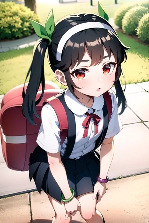 1girl, solo, female, (mayoi_hachikuji), twintails, (red_eyes), flat_chest
white_hairband, bracelet, green, ribbon, school_uniform, standing, skirt, shirt, suspender_skirt, backpack, (randoseru)
hdri, 4k, masterpiece,
day, spring, trees, looking at viewer <...