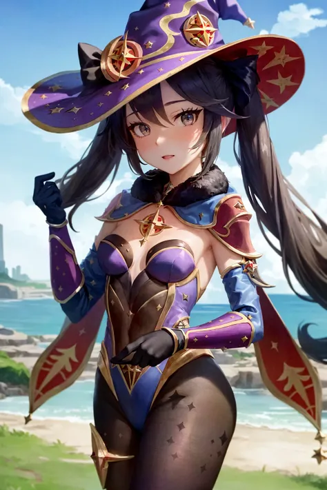 masterpiece, best quality, ultra-detailed, beautiful lighting, 1girl, ((mona (genshin impact))), black hair, twintails, long hair, grey eyes, purple strapless leotard, small breasts, detached sleeves, elbow gloves, witch hat, black legwear, black pantyhose...