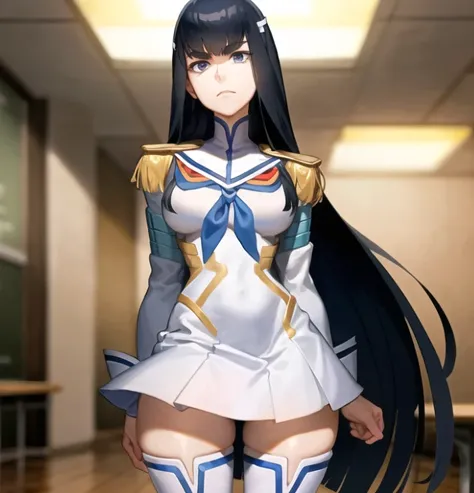 beautiful, masterpiece, best quality, extremely detailed face,  perfect lighting, 1girl, solo, <lora:KiryuinSatsuki:1>, kiryuin satsuki, junketsu, epaulettes, school uniform, skirt, white thigh boots, cowboy shot