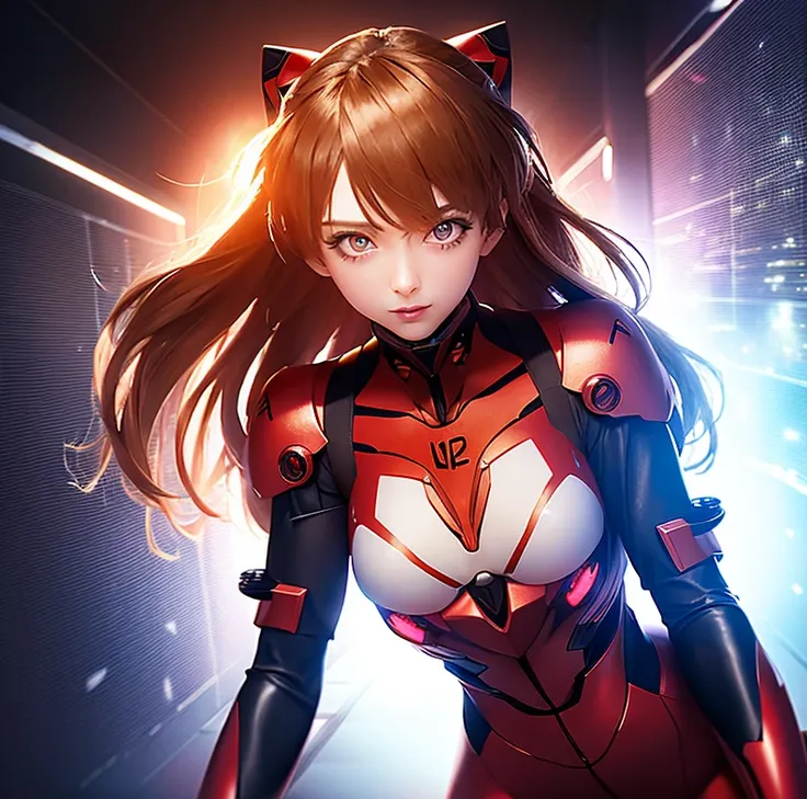 (8k, best quality, masterpiece:1.2), ultra-detailed, Masterpiece, realistic lighting,masterpiece, best quality, masterpiece, official art,extremely detailed CG unity 8k wallpaper,beautiful detailed eyes, light on face, 1girl, Asuka, breasts, pilot_suit, pl...