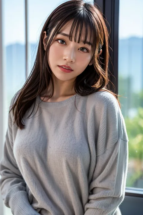 Nikon RAW photo,8 k,Fujifilm XT3,masterpiece, best quality, realistic, photorealistic,ultra detailed,1girl,solo,
close up portrait,

standing by the window in a soft gray cashmere sweater


saika1, <lora:saika___v3:1>