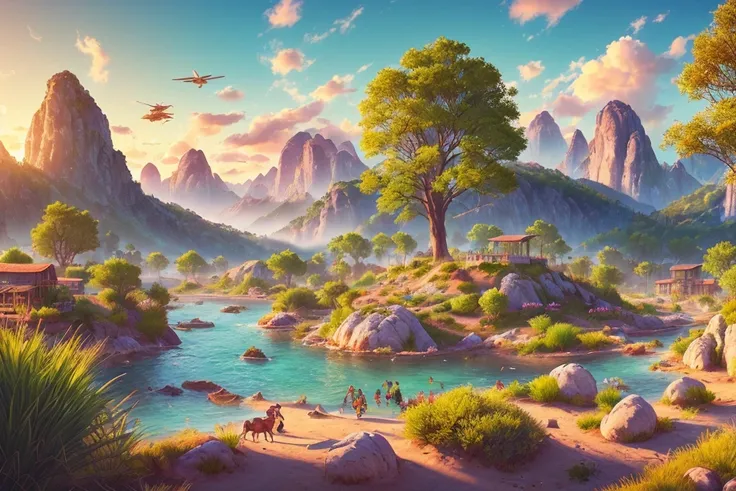 style of (hoppagames:1.0), (Award-winning landscape), (Stunning sunset colors), (Majestic mountains), (Silky smooth water), (Dramatic cloud formations), (Lush greenery), (Scattered boulders), (Golden hour light), (Framed by trees), (Peaceful tranquility), ...