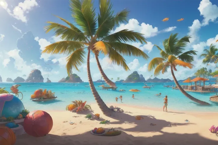 style of (hoppagames:1.0), (Award-winning landscape), (Stunning tropical paradise), (Turquoise waters), (Powdery white sand), (Breathtaking coral reef), (Lush palm trees), (Warm sunny weather), (Relaxing ambiance), (Vibrant sea life), (Colorful tropical fl...