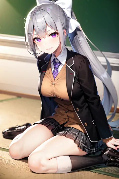 masterpiece, best quality, highres, higuchi kaede, 1girl, virtual youtuber, solo, long hair, mole under eye, skirt, necktie, jacket, purple eyes, socks, ponytail, hair ornament, white bow, hair bow, bow, blazer, very long hair, purple necktie, pleated skir...