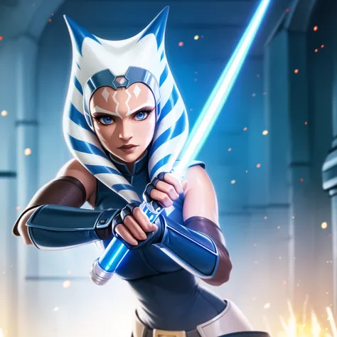 (masterpiece), (best quality),  <lora:Ahsoka_tano:0.6>, ahsoka tano, young, mandalorian armor, blue lightsaber