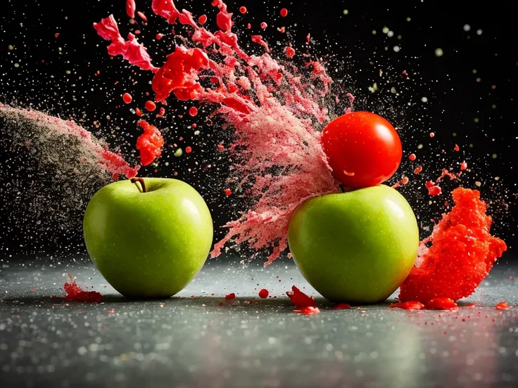 a green apple with a bite taken out of it, slow - mo high speed photography, high speed photography, high-speed sports photograp...