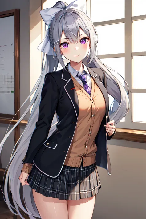 masterpiece, best quality, highres, higuchi kaede, 1girl, virtual youtuber, solo, long hair, mole under eye, skirt, necktie, jacket, purple eyes, socks, ponytail, hair ornament, white bow, hair bow, bow, blazer, very long hair, purple necktie, pleated skir...