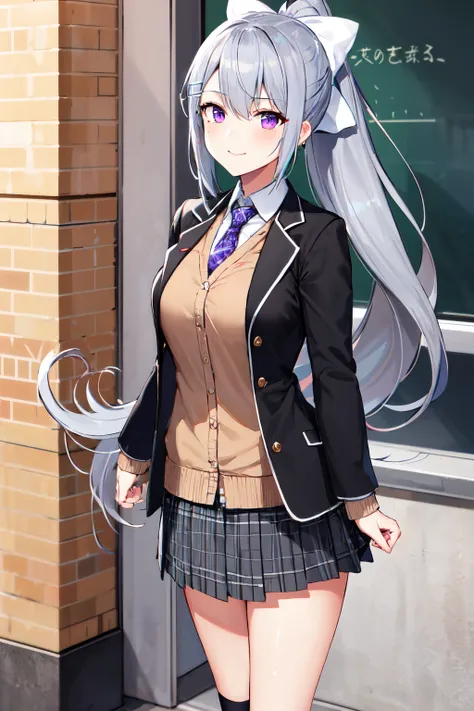 masterpiece, best quality, highres, higuchi kaede, 1girl, virtual youtuber, solo, long hair, mole under eye, skirt, necktie, jacket, purple eyes, socks, ponytail, hair ornament, white bow, hair bow, bow, blazer, very long hair, purple necktie, pleated skir...