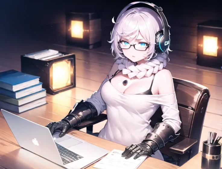 masterpiece+++, official+++, best quality, supply depot hime, gauntlets, sitting at desk, chair, 1girl, solo, pale skin, headphones, headset, (hair scarf, long hair, white hair, single braid, long braid, crossed bangs), glasses, blue eyes, cleavage, breast...