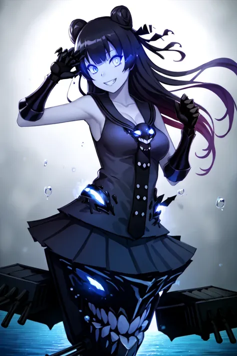 best quality, digital painting, light cruiser oni, 1girl, abyssal ship, bangs, black hair, black sailor collar, black skirt, blue eyes, breasts, cleavage, colored skin, double bun, gauntlets, glowing, glowing eyes, grin, hair bun, large breasts, long hair,...