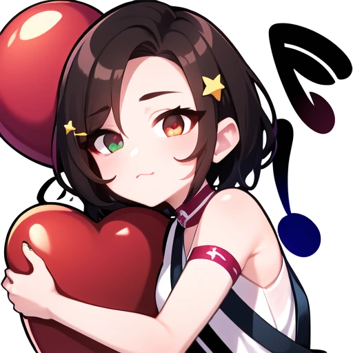 master, chief (twitch emote:1.4), holding red heart balloon, hugging heart balloon,  brown short hair, one braid, white blouse, denim suspenders , left eye green, right eye yellow, open shoulders, star hairpin, <lora:TwitchEmotes:0.8>, white background, st...