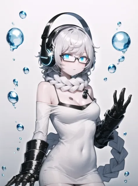best quality, absurdres, supply depot hime, supply depot princess, hands raised, 1girl, solo, colored skin, pale skin, headphones, headset, (hair scarf, long hair, white hair, single braid, long braid, crossed bangs), glasses, black-framed eyewear, blue ey...
