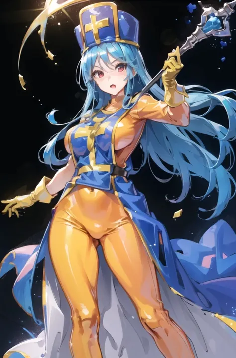 priest (dq3), orange bodysuit, long hair, 1girl, solo, breasts, large breasts, red eyes, gloves, hat, blue hair, aqua hair, bodysuit, staff, tabard, cross print, mitre, holding, mace, dynamic pose, arm raised, casting magic, open mouth, black background, m...