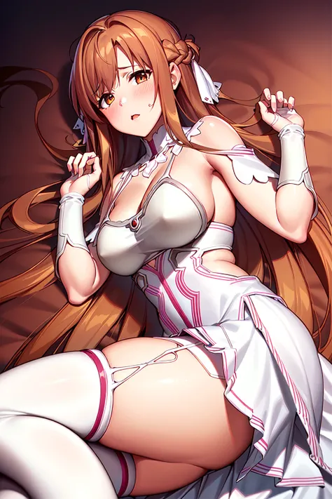 ((masterpiece)), best quality, ultra detailed,(1girl), long hair,beatiful background ,((a dress with white stockings on garters)), breasts, curvy body,lying, looks to the side, worried face, <lora:stacia-v1.1:0.6>