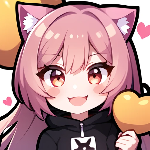 master, chief 1girl, pink hair,cat ears, twitch emote, smile ,cartoon, chibi, <lora:TwitchEmotes:0.8>, white background, sticker, holding a red heart balloon