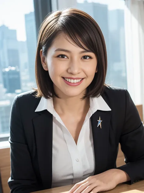 30 year old slim bodied woman, (short brown hair:1.2), wearing an open white shirt sitting in a large detailed leather office chair, cluttered office room with city scene in window background, freckles on chest, cleavage, pleated gray plaid skirt, lace pan...