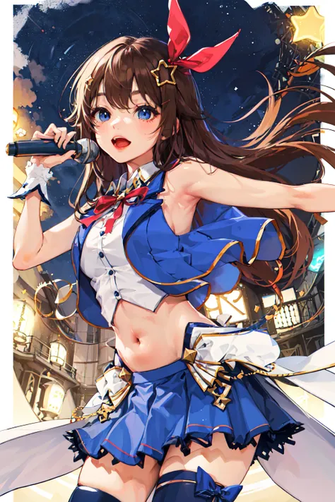 masterpiece, best quality, highres, 1girl, tokino sora, virtual youtuber, skirt, blue vest, shirt, long hair, red ribbon, blue eyes, ribbon, brown hair, sleeveless, cropped shirt, hair flaps, white shirt, hair ornament, sleeveless shirt, thighhighs, blue s...