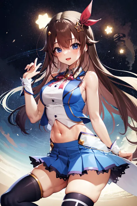 masterpiece, best quality, highres, 1girl, tokino sora, virtual youtuber, skirt, blue vest, shirt, long hair, red ribbon, blue eyes, ribbon, brown hair, sleeveless, cropped shirt, hair flaps, white shirt, hair ornament, sleeveless shirt, thighhighs, blue s...