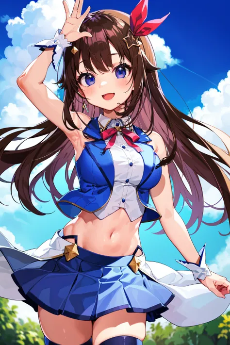 masterpiece, best quality, highres, 1girl, tokino sora, virtual youtuber, skirt, blue vest, shirt, long hair, red ribbon, blue eyes, ribbon, brown hair, sleeveless, cropped shirt, hair flaps, white shirt, hair ornament, sleeveless shirt, thighhighs, blue s...