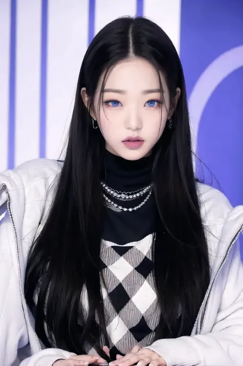 <lora:wonv1A:0.7>, Jang Wonyoung, 1girl, argyle, artist name, black hair, blue background, blue eyes, checkered, checkered background, checkered flag, checkered floor, checkered kimono, checkered legwear, checkered scarf, checkered shirt, chess piece, fore...