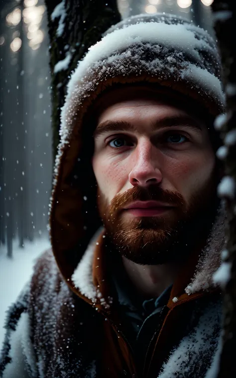 a closeup portrait photo of a man in a winter forest, peaceful, volumetric lighting, soft focus