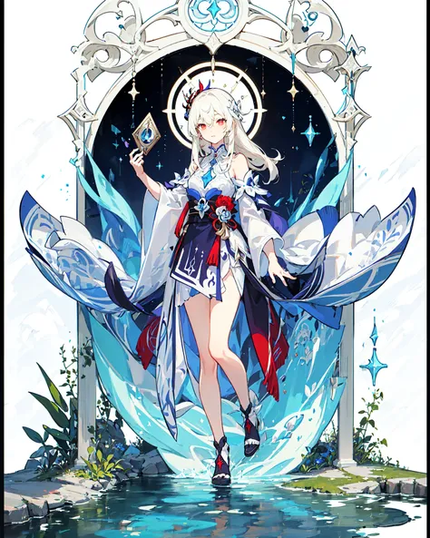 ((masterpiece)), ((high detail)), 1girl, ((ultra-detailed)),((delicate face)), Beautiful detailed eyes, (White blonde hair in gradations with red highlights,gradient hair),long hair, floating hair, ,hairs between eyes, GSHead,1girl ,solo,red eyes,genshi...
