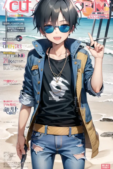 magazine cover, 1boy, open jacket, torn jeans, sunglasses, beach, :d, <lora:Anime Magazine Cover V3:0.6>,