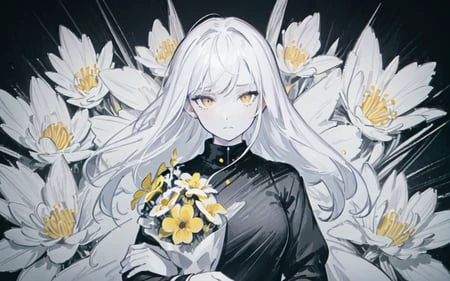 (best quality, masterpiece), (1girl, solo, black suit, standing , looking at viewer, white hair, yellow eyes, closed mouth, upper body), (Monochrome, giant black bouquet background, floral_background)