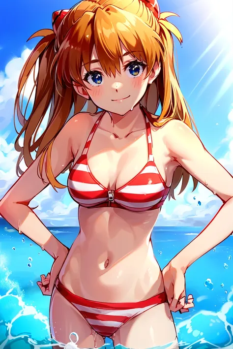 ((masterpiece,best quality, detailed)), splashing, smile,
<lora:AsukaV1-000016:0.8>, souryuu asuka langley, interface headset, striped bikini, looking at viewer, hand on hip