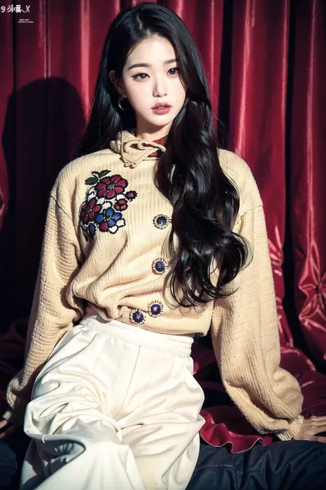 Jang Wonyoung, Nikon RAW photo, 8k, Fujifilm XT3, masterpiece, best quality, realistic, photorealistic, ultra detailed, 1girl, black hair, curtains, floral print, lips, long hair, looking at viewer, mole, sitting, solo
