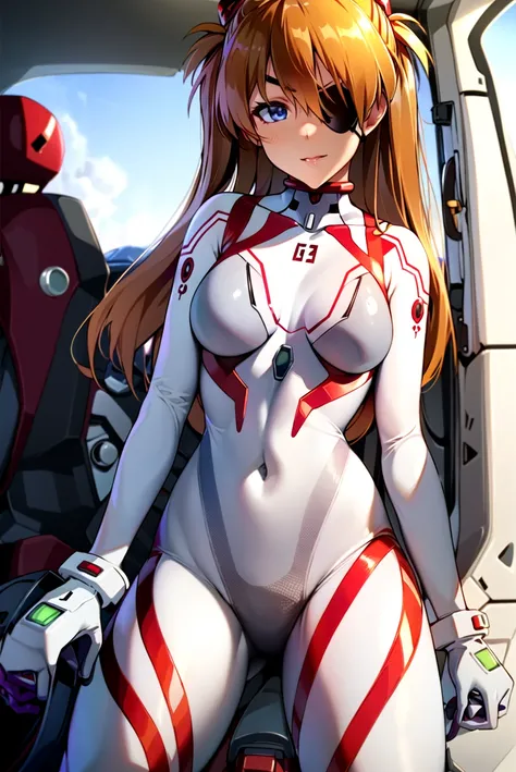 ((masterpiece,best quality, detailed)), cockpit, 
<lora:AsukaV1-000016:0.8>, souryuu asuka langley, interface headset, white bodysuit, eyepatch