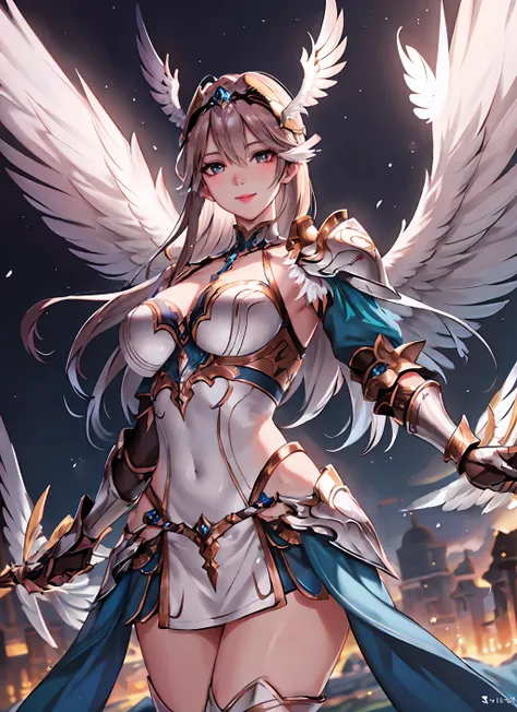 valkyrie,winged helmet,feather,shoulder armor,complex,intricate, perfect lighting, 1girl, looking at viewer, smile,(masterpiece), (best quality)<lora:AngelicWarriors_v1:0.9>,cinematic lighting,wings,flying in sky,glowing feathers,holy light,vivid